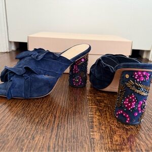 BRAND NEW Loeffler Randall Navy Blue Peep-toe Embellished Mules